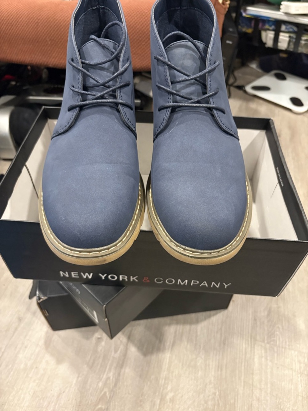 New York & Company Blue Men’s Chukka Boots with Tan Sole